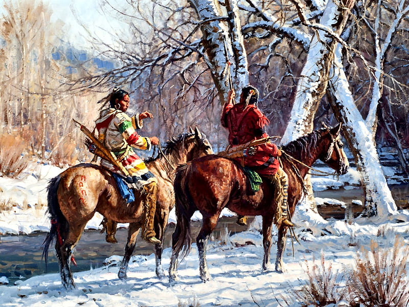 Native American Hunters F, art, equine, bonito, illustration, artwork, horses, winter, snow, painting, wide screen, Native American, landscape, HD wallpaper