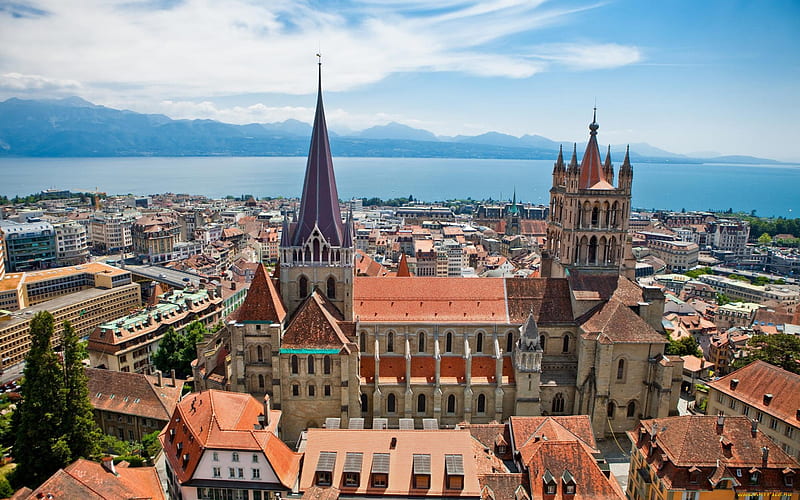 Lausanne, Switzerland, Switzerland, Lausanne, church, cityscape, lake, HD wallpaper