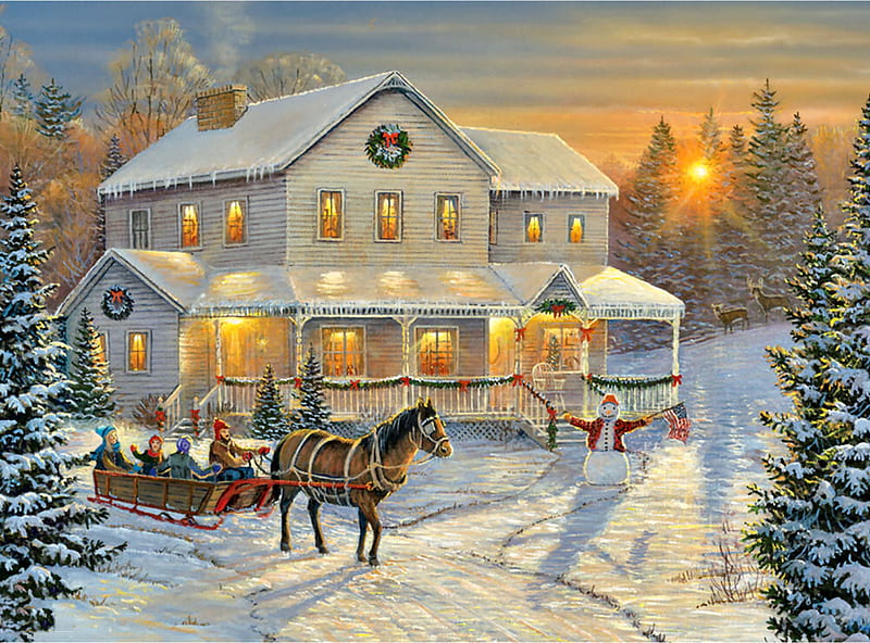Pure Fun F, architecture, sleigh, Christmas, equine, bonito, artwork, farm, painting, wide screen, scenery, art, planting, horse, winter, snow, crops, landscape, HD wallpaper