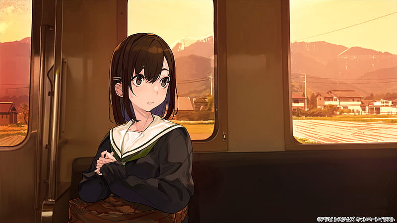 anime girl, train, school uniform, brown hair, trip, Anime, HD wallpaper