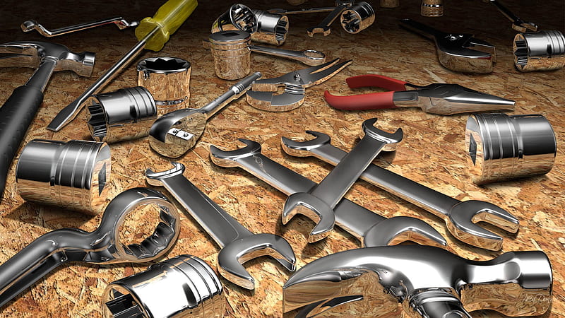 Tools, trade, build, firefox persona, particle board, mechanic, sockets, pliers, wrenches, HD wallpaper
