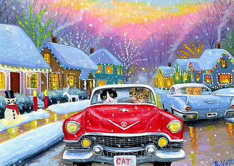Christmas Eve on Purr Lane, carros, snow, houses, car, painting, artwork, HD wallpaper