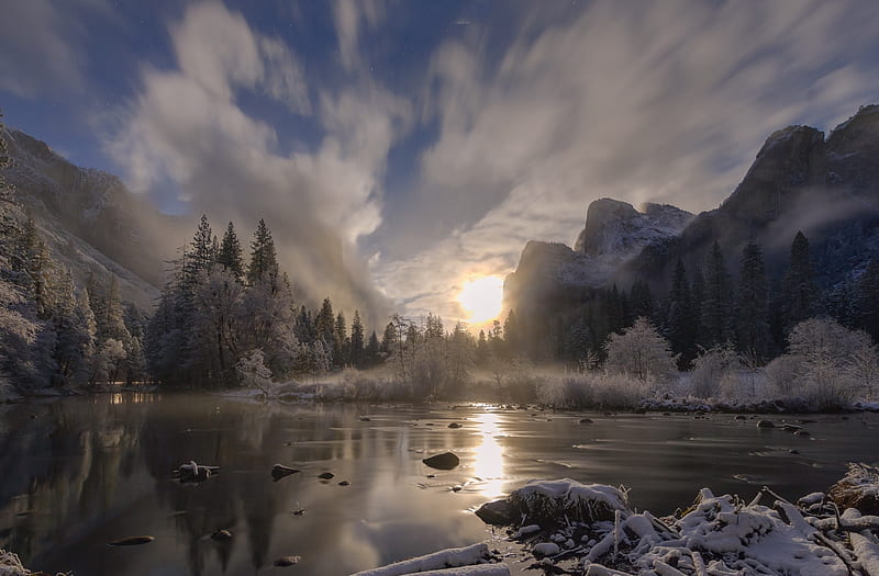 Lakes, Lake, Dawn, Snow, Winter, HD wallpaper