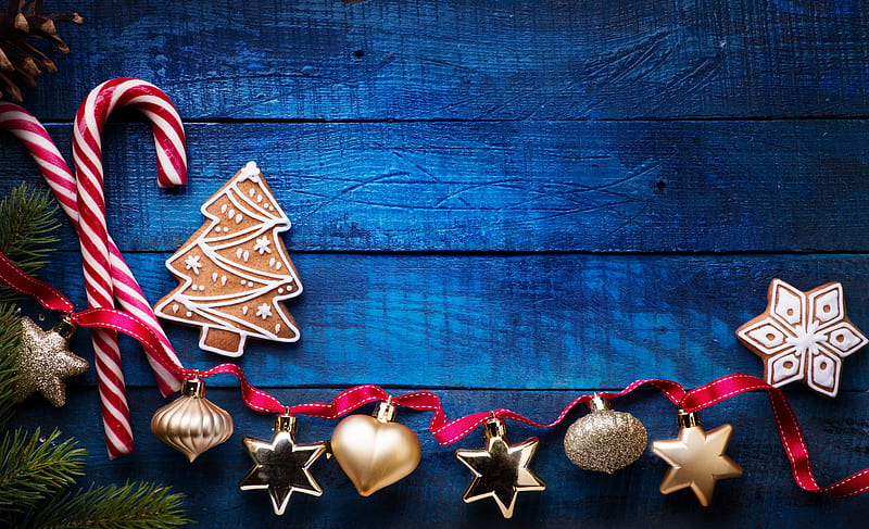 Merry Christmas!, stars, candy, craciun, card, tree, cookie, gingerbread, chrismtas, wood, blue, HD wallpaper