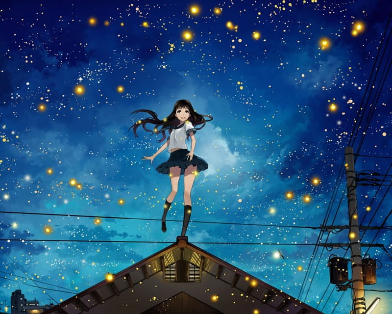 Jump With Fireflies ❣, house, falling, animecute, city, anime, long hair, jump, night, stars, shirt, jumping, wind, skirt, sky, happy, fireflies, kawaii, girl, HD wallpaper