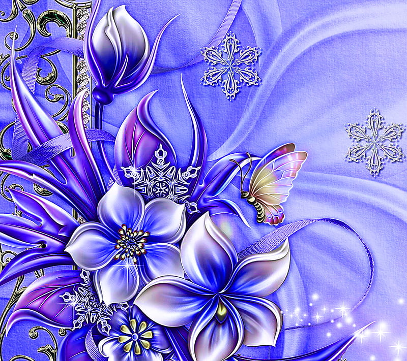 Blue, abstract love, beautiful blue, butterfly, florals, flowers, HD wallpaper
