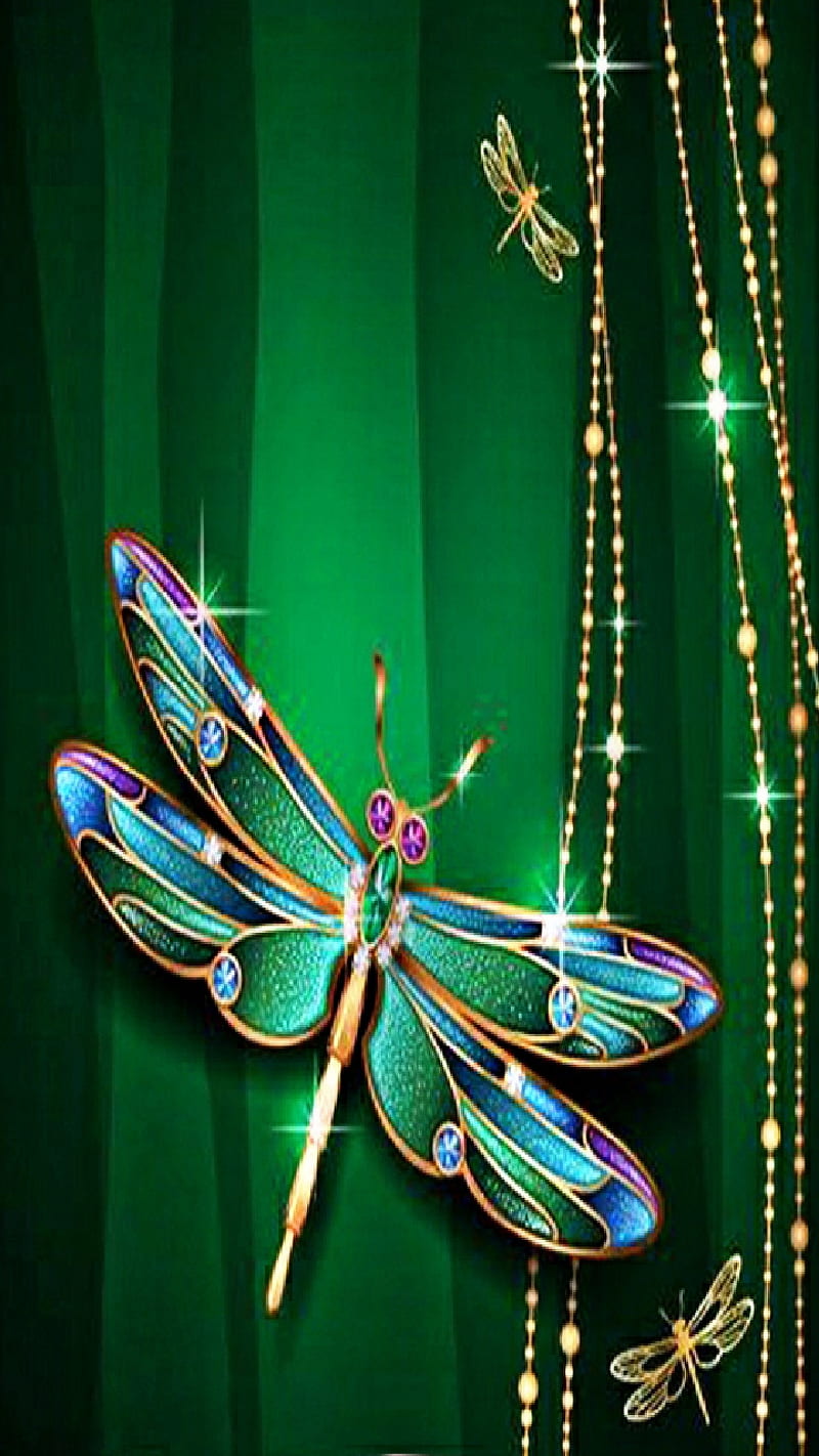 Shiny Dragonfly, garden, green, insect, rhinestones, sparkle, HD phone wallpaper