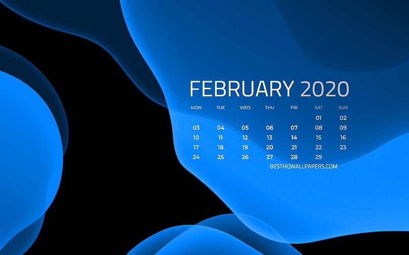 February 2020 Calendar, abstract fluid background, 2020 calendar, creative, February 2020, February 2020 calendar with abstraction, Calendar February 2020, blue background, 2020 calendars, HD wallpaper