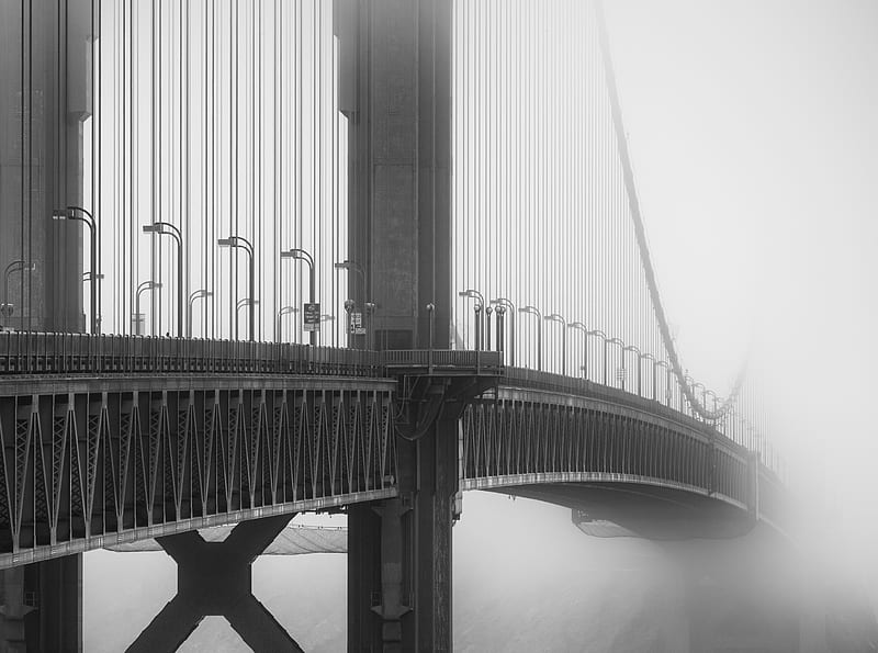 Golden Gate Bridge Fog Black and White Ultra, Black and White, Monochrome, blackandwhite, sanfrancisco, goldengatebridge, HD wallpaper