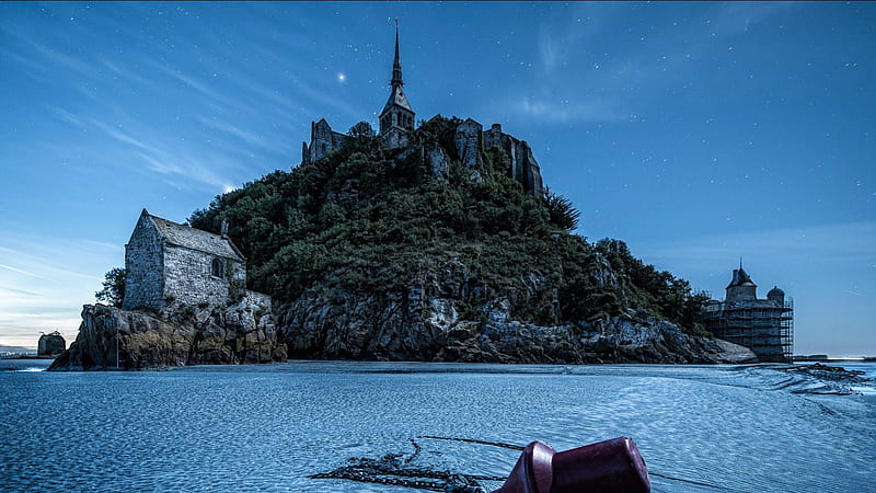 mythical mont saint michel in france, stars, island, monastery, bouy, low tide, HD wallpaper
