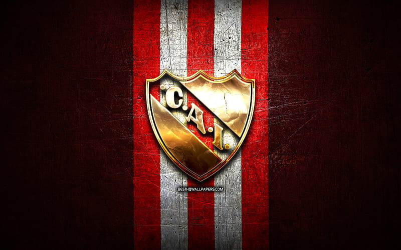 Independiente FC, golden logo, Argentine Primera Division, red metal  background, HD wallpaper