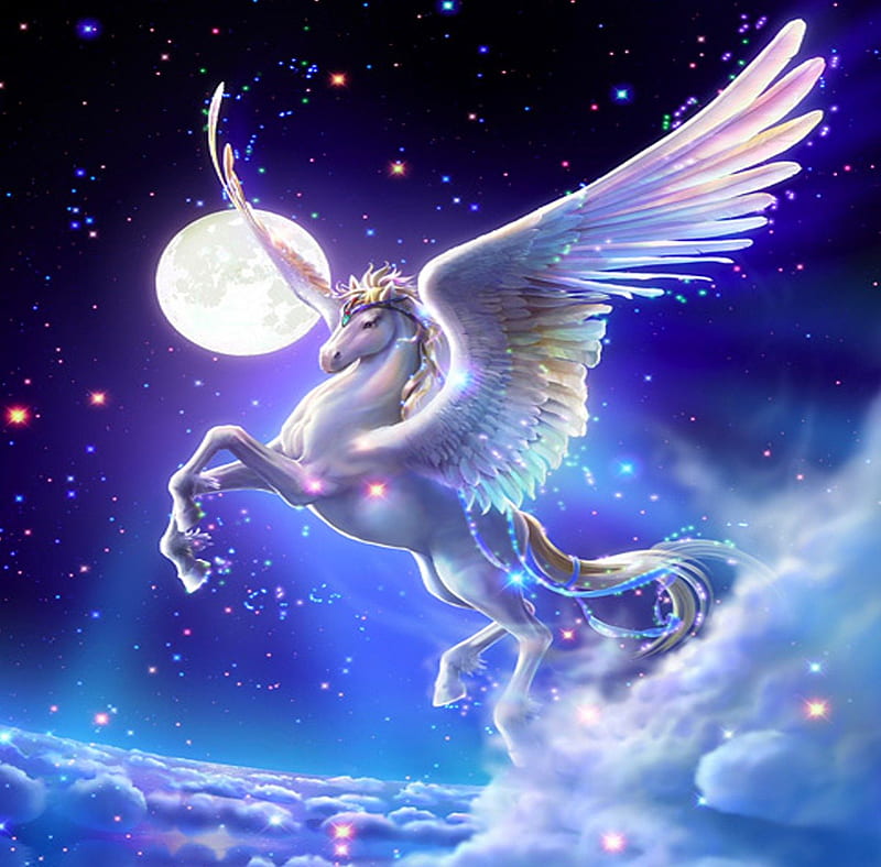 Pegasus, wings, colors, bonito, horse, sky, saga, kagaya, fly, moon, night, HD wallpaper