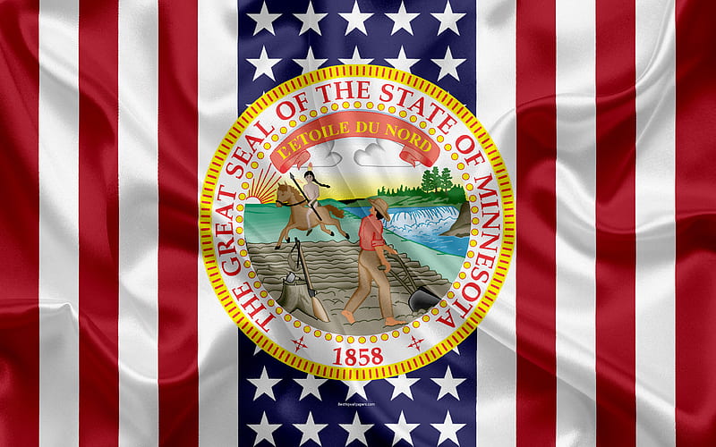 Minnesota, USA American state, Seal of Minnesota, silk texture, US states, emblem, states seal, American flag, HD wallpaper
