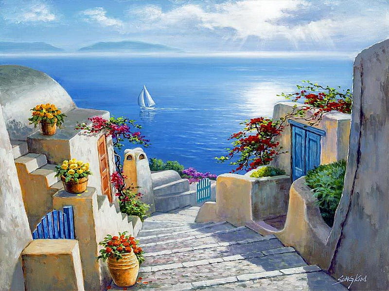Stairs to the sea, shore, stairs, mirrored, sea, boat, painting, village, reflection, blue, mediterranean, art, rest, vacation, quiet, calmness, clear, sky, lake, waters, serenity, peaceful, summer, crystal, nature, sailboat, coast, HD wallpaper