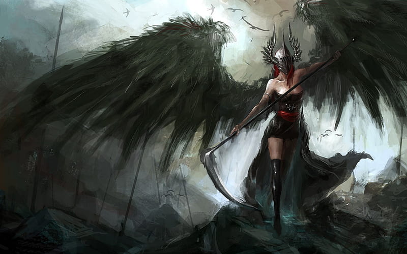 Fallen angel, girl, art, wings, fantasy, demon, luminos, angel, HD wallpaper
