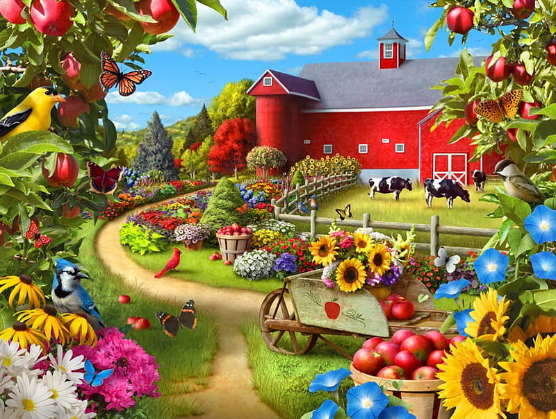 Corner of your life, pretty, colorful, house, grass, fruits, bonito, barn, corner, farm, nice, sunflowers, painting, path, flowers, cows, rural, art, lovely, life, apples, place, spring, sky, trees, paradise, summer, HD wallpaper