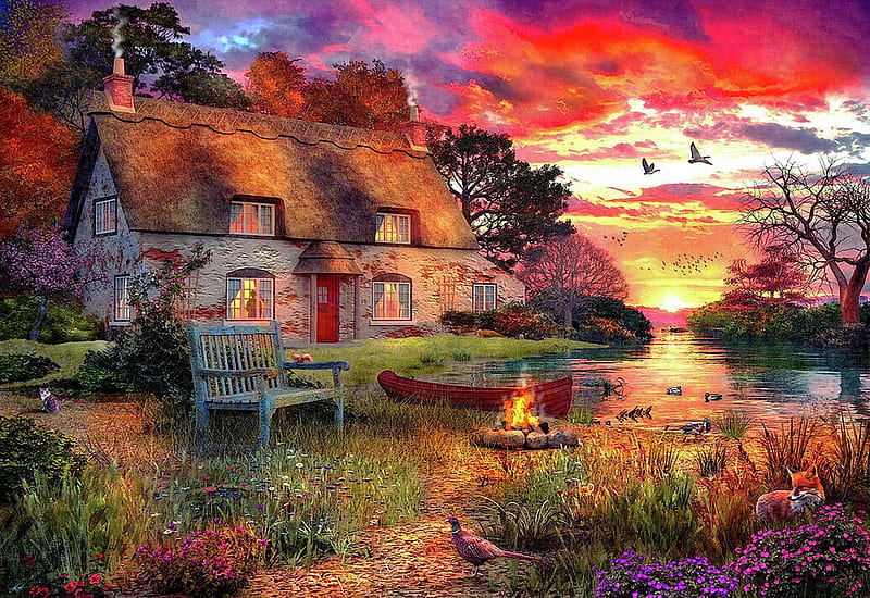 Evening Summer Cottage, boat, colors, campfire, river, sunset, trees, sky, artwork, digital, HD wallpaper Evening Summer Cottage, boat, colors, campfire, river, sunset, trees, sky, artwork, digital, HD wallpaper