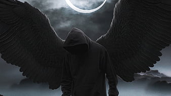 Black Hoodie Boy Angel, angel, wings, hoodie, boy, artist, artwork, digital-art, dark, black, HD wallpaper