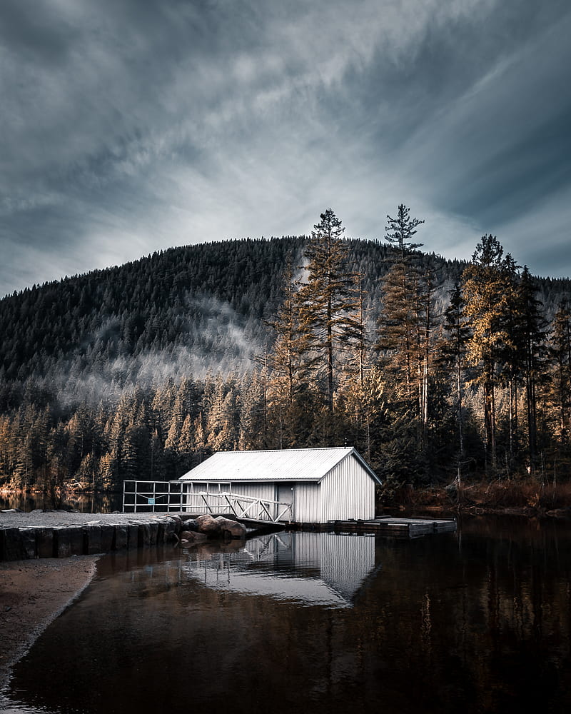house, lake, mountain, forest, nature, HD phone wallpaper