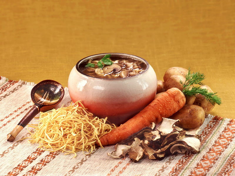 Hot Lunch in Winter, spoon, food, mushroom, potato, broth, carrot, pasta, placemat, bowl, HD wallpaper