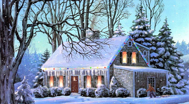 Cabaña de navidad, casa, nieve, árboles, obra de arte, luces, invierno,  Fondo de pantalla HD | Peakpx