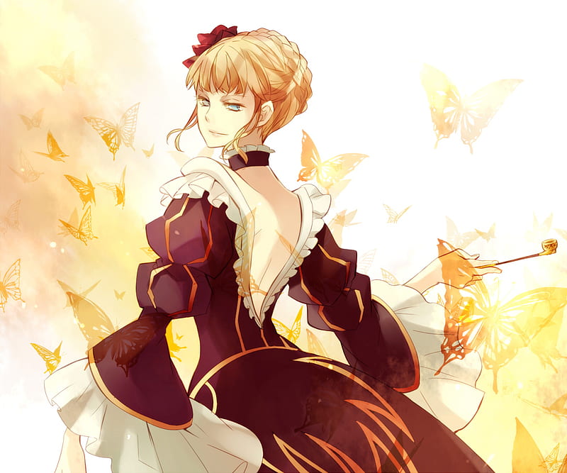witch beatrice, witch, hair tied up, dress, beatrice, yellow, blonde, red flower, hair up, butterfly, anime, golden witch, flower, blue eyes, umineko no naku koro ni, HD wallpaper