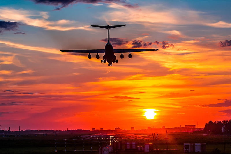 sunset, il-76, landing, aircraft, airport, il 76, HD wallpaper