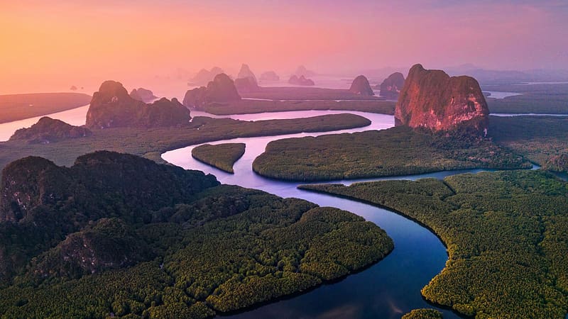 Sunrise at Phang Nga Bay, Thailand, landscape, sea, river, rocks, HD wallpaper