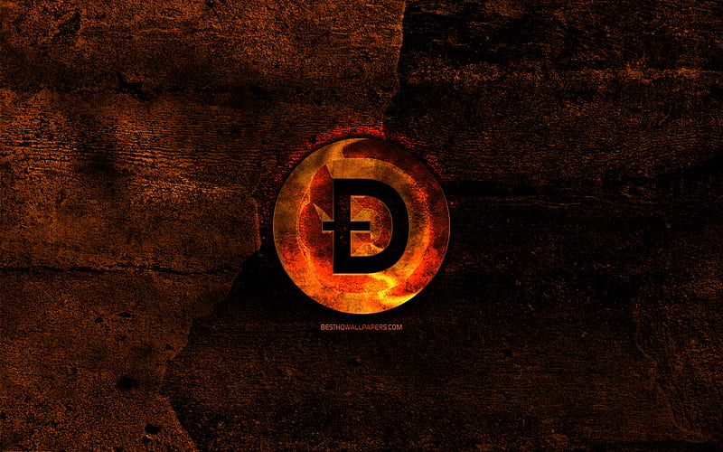 Dogecoin fiery logo, orange stone background, creative, Dogecoin logo, cryptocurrency, Dogecoin, HD wallpaper