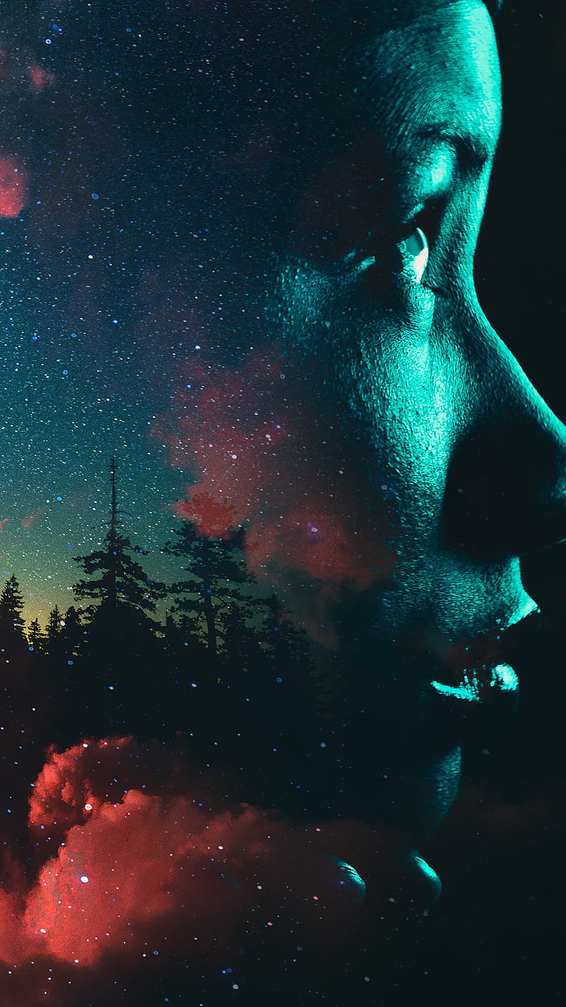 Mine Forest, Artyns, black, blue, clouds, color, cosmos, dark, eye, mind, night, red, sky, spaces, stars, woman, HD phone wallpaper