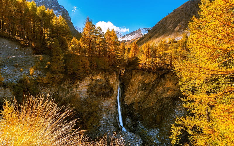 Waterfall, Autumn, Canyon, France, Alps, Rocks, HD wallpaper