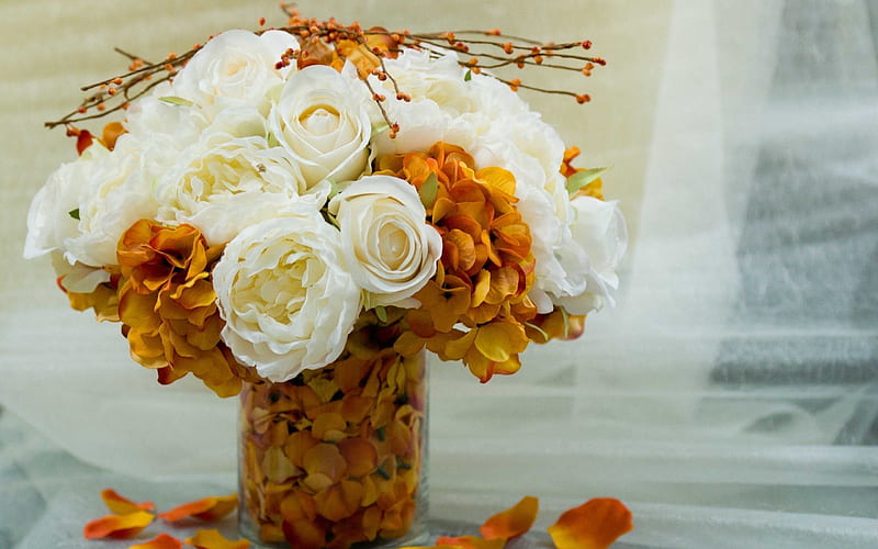 autumn bouquet, white roses, beautiful bouquet, roses, HD wallpaper
