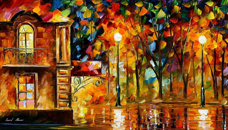 Where you loving me, vibrancy, abstract, energy, red, art, houses, trees, rainy, Afremov, color, painting, HD wallpaper