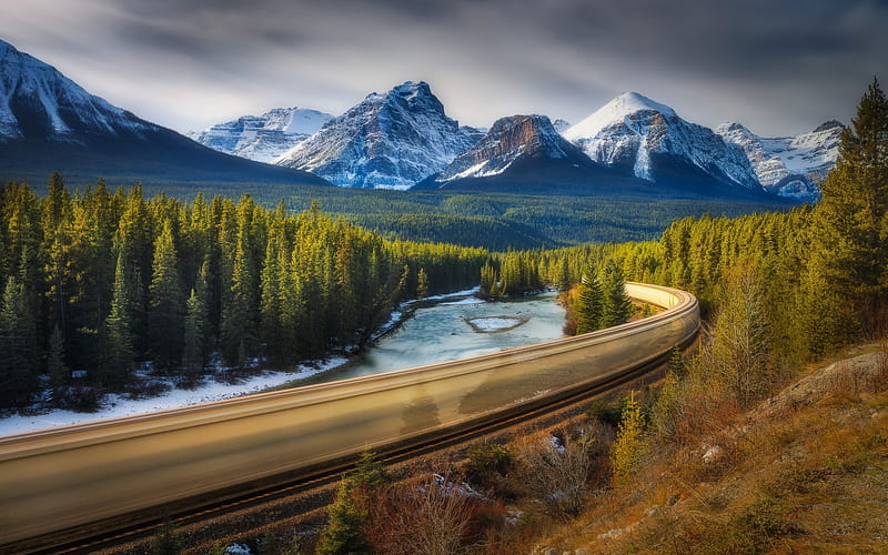 railroad, mountain, river, forest, R, Alberta, Canada, Jasper National Park, HD wallpaper