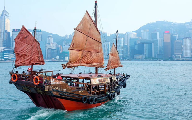 Hong Kong, Ship, sailing ship, Victoria Harbor, Kowloon, China, HD wallpaper