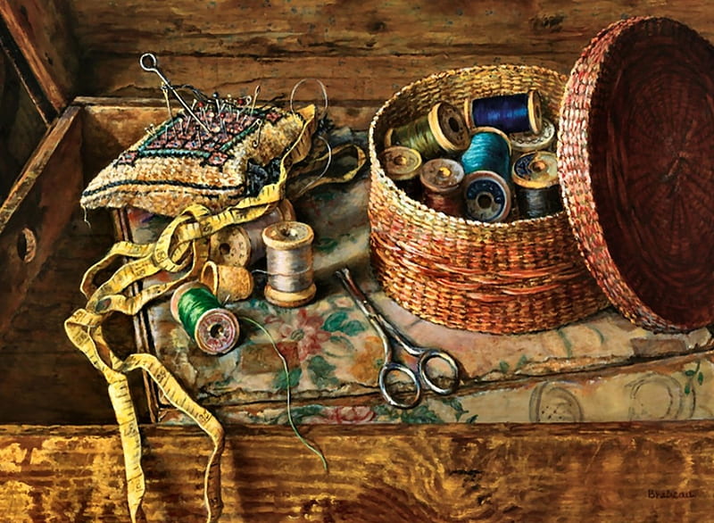 Sewing Basket F, art, thread, scissors, bonito, artwork, still life, pin cushion, painting, wide screen, sewing basket, HD wallpaper