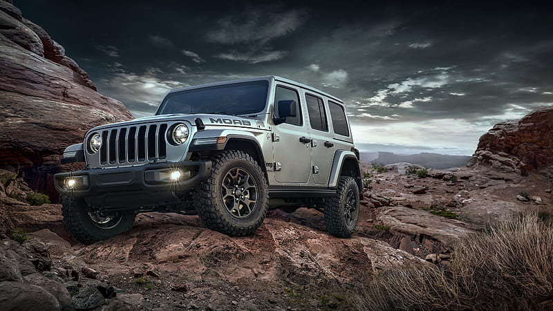 jeep wrangler unlimited moab edition, rocks, mountain, suv cars, dark clouds, Vehicle, HD wallpaper