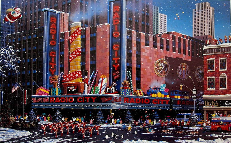 Santa Comes To New York, painting, parade, street, buildings, HD wallpaper