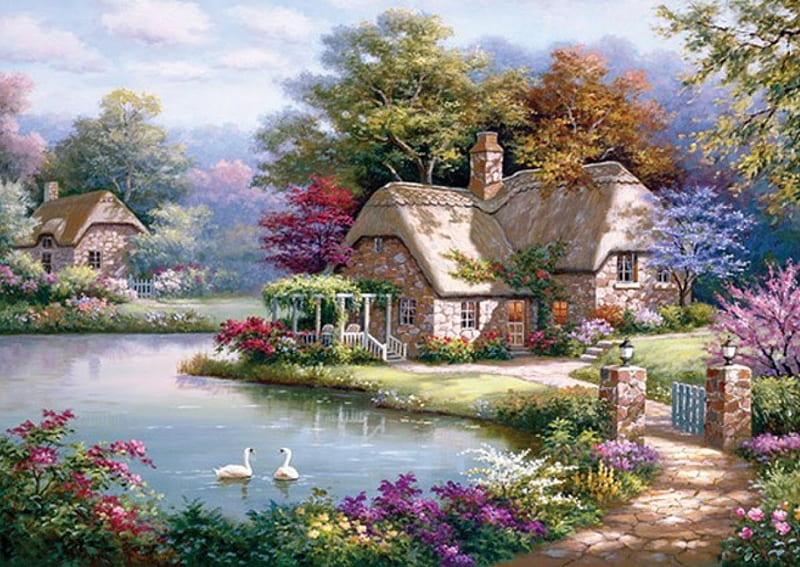 Swan Cottage, Swan, flowers, lake, hause, Cottage, HD wallpaper