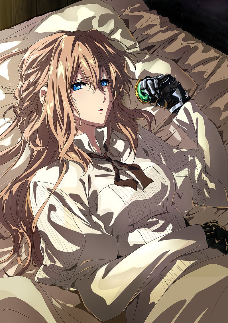 Violet Evergarden, anime, anime girls, blue eyes, lying on back, long hair, looking at viewer, blonde, in bed, HD phone wallpaper