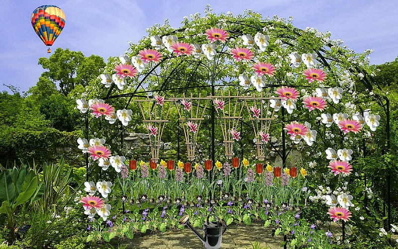 Floral Arbor, flowers, balloon, arbor, plants, HD wallpaper