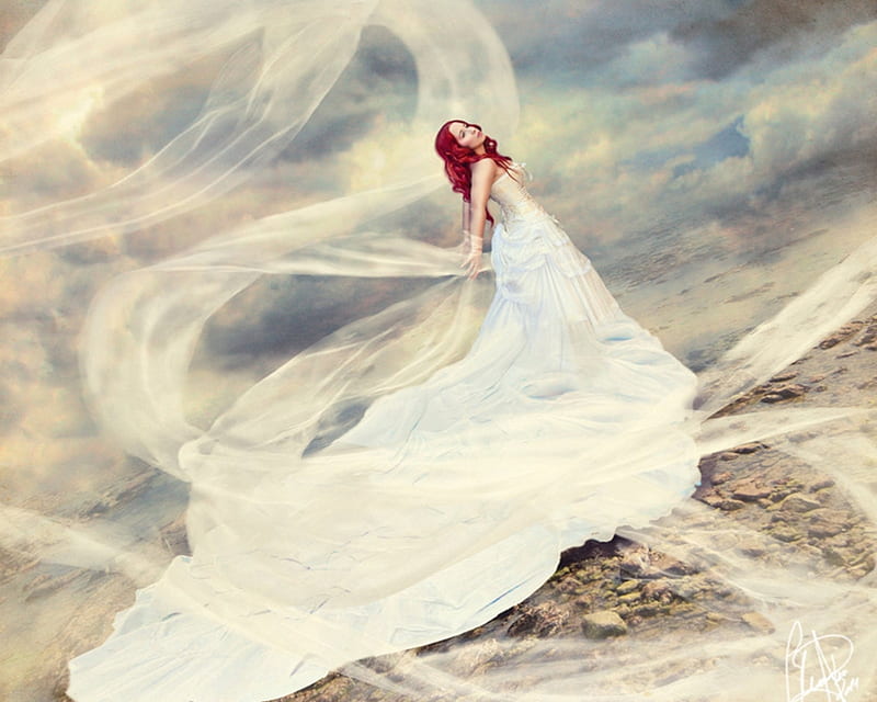 Mixed Feelings, wonderful, veil, dreams, bride, clouds, young girl, sea, thinking, beach, magnificent dress, dreamer, love, heaven, gorgeous, feelings, whirling sky, life, happiness, red hair, happy, nature, white, HD wallpaper