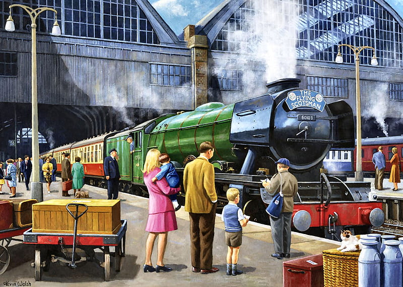 Flying Scotsman at King's Cross F, railroad, art, locomotive, bonito, illustration, artwork, depot, train, engine, painting, wide screen, station, tracks, HD wallpaper