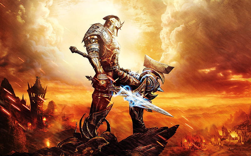 Kingdoms of Amalur: Reckoning, pretty, wonderful, stunning, sun, marvellous, game, todd mcfarlane, role playing game, mountain, nice, fantasy, outstanding, tower, reckoning, weapon, kingdom, sword, sky, hammer, adventure, fire, battle, mountains, awesome, ken rolston, amalur, landscape, knight, world, games, fighter, video games, video game, bonito, kingdoms of amalur reckoning, salvatore, big huge games, hill, kingdoms of amalur, amazing, camp, fantastic, rpg, arrows, armor, warrior, flames, skyphoenixx1, fight, fire arrows, HD wallpaper