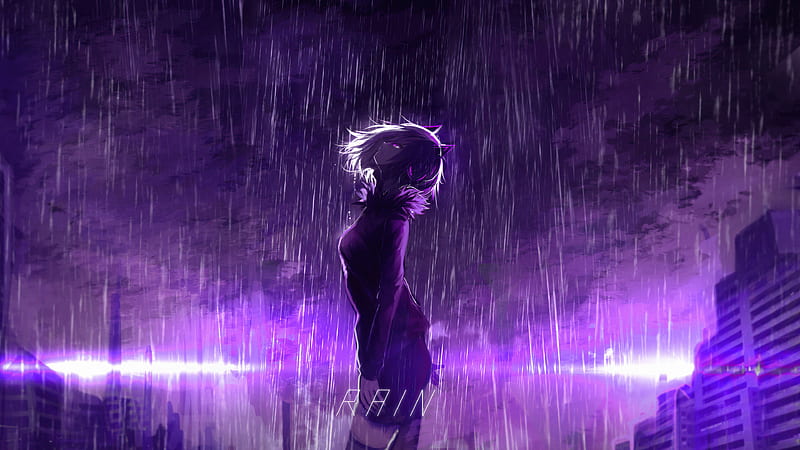 Purple Rain, anime-girl, anime, artist, artwork, digital-art, rain, purple, HD wallpaper