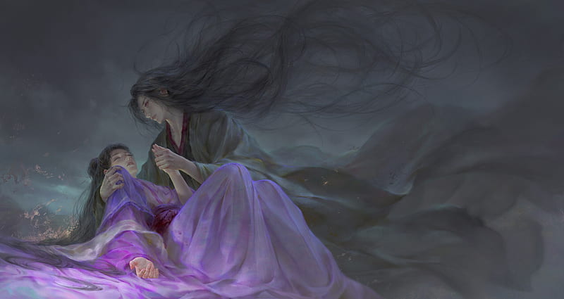 The dearh of Jiang Yanli, dark, couple, night, kyu9, art, death, frumusete, luminos, man, fantasy, purple, girl, HD wallpaper