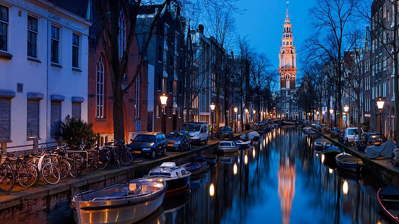 Cities, Night, Reflection, Church, Netherlands, Amsterdam, , Canal, HD wallpaper