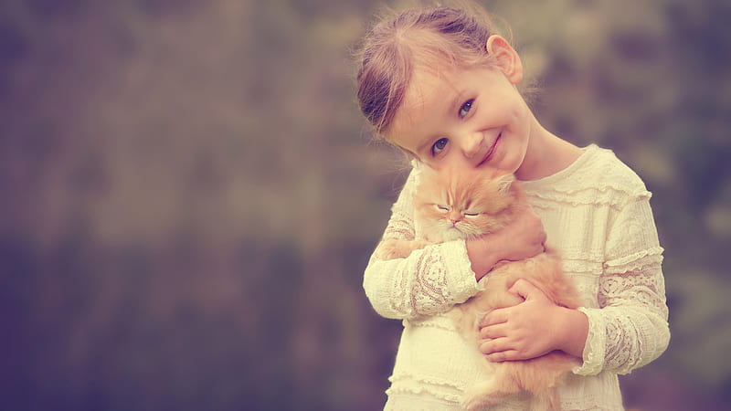 Smiley Cute Little Girl With Brown Cat Kitten Wearing White Dress Standing In Blur Background Cute, HD wallpaper