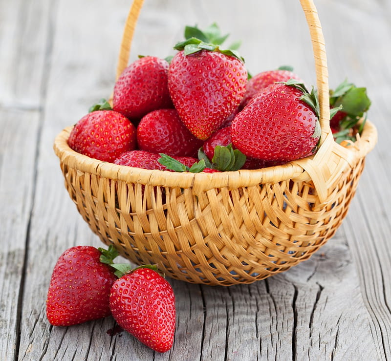 Strawberry, berries, basket, fresh, wood, HD wallpaper