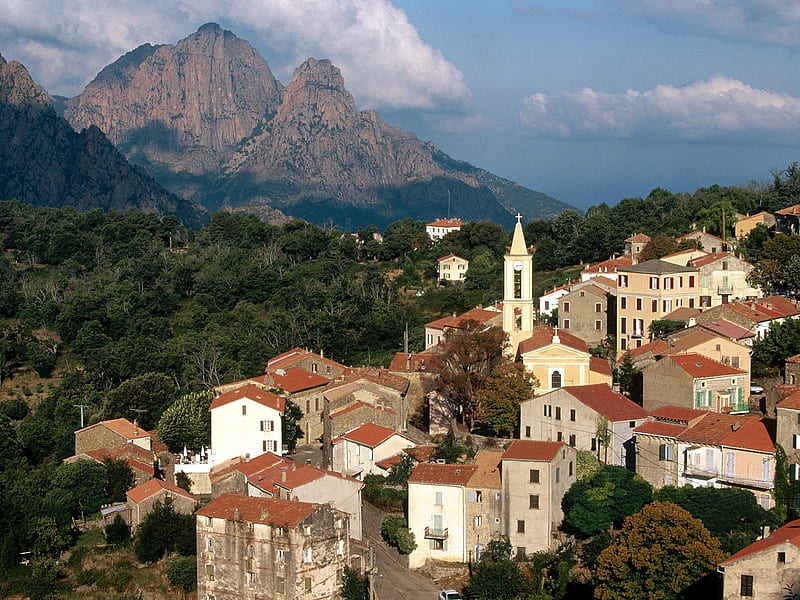 A View of Evisa Corsica Island France, view, houses, corsice, sky, mountain, france, evisa, village, island, HD wallpaper